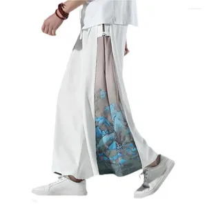 Men's Pants Chinese Style Printed Pattern Side Patchwork 2024 Summer Men Wide Leg Casual Polyester Ankle Length Trousers Loose