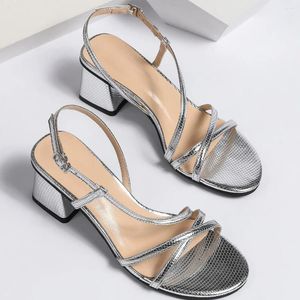 Sandalen Mode einfache Frauen runde Zehen High Heel Schnürung Sommer Silber Vielseitig XQ403-1
