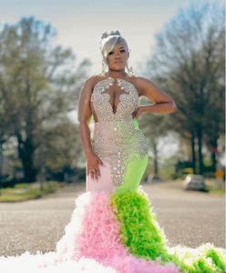 Pink Green Luxury Long Evening Birthday Party Dresses for Black Girl Sparkly Diamond Feather Prom Gown vestido festas luxo