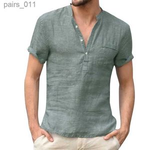 メンズカジュアルシャツ高品質のメンズリネンVネック包帯Tシャツソリッドカラー長袖カジュアルコットントップYQ240409