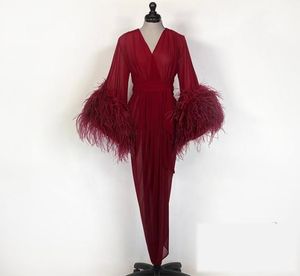 Luxury Ostrich Feather Night Gown Bourgogne Bride Sleepwear Robes Tulle Custom Made Long Sleeves Dressing Clown Women Sexig Sleepwear8234041