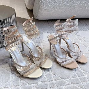 Rene Caovilla Heel Crystal Chandelier High-Heeled Sandals 95mm 고급 다이아몬드 뱀인으로 감싸는 로마 하이힐리어 라인석은 디자이너 연회 드레스 신발