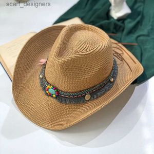Szerokie brzegowe czapki wiadra czapki 2022 Kobiety Summer Cool Fashion West Cowboy Straw Hat Panamas UV Protection Sun Visor Beaside Beach Hat Tide Letnie czapki Y240409