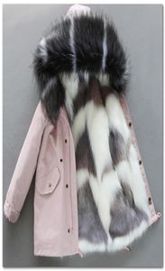 패션 아이 가짜 모피 코트 겨울 소년 소녀 대비 색상 토끼 모피 트렌치 코트 어린이 두껍게 따뜻한 후드가있는 긴 슬리브 오버코 7057670
