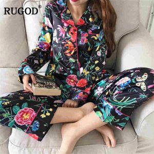 Hemkläder Rugod Fashion Rainforest Print Long Pants Pijama passar kvinnor 2024 Autumn Winter Satin Silk Sleepwear 2 Two Piece Pyjamas Set