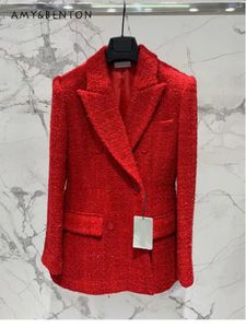 レディースジャケット春秋フレンチ気質赤二重胸肉のツイードスーツクロスカラー冬服女性通勤スタイルエレガントなコート