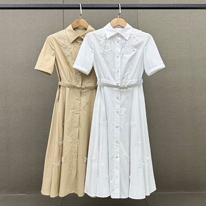 2024 Designer Summer New Butterfly Decoration Single breasted Casual Flip Collar Short sleeved Dress with Free Belt