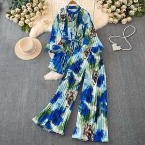 Women's Two Piece Pants Women Fashion Elegant Pantsuit Vintage Casual Shirts Blouses Wide-Leg Pieces Set Female Party Outfits Clothes