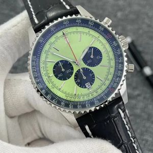 46MM Quality Navitimer Watch Chronograph Quartz Movement Steel Mint Green Black Dial Men Watch Leather Strap Mens Wristwatches