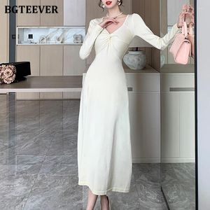 Lässige Kleider BGTeever Chic Stylish V-Ausschnitt Slim Taille Female gestrickte A-Line-Kleid elegante Langarm Frauen Pullover Herbst Vestidos