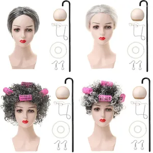 Party Supplies Halloween 2024 Granny Gray Wig Old Morfar Hair Lady Rent Curling Iron Set