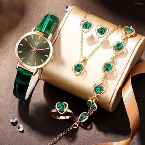 Zegarek 6pcs panie moda prosta designerska gwiazda księżyca cyfrowa skórzana skórzana kwarc zegarek luksusowa miłość szmaragdowe biżuterię Zestaw biżuterii