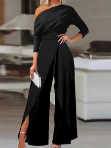 Eleganta jumpsuits for Women Spring Plain Office Lady Loose Ruched Cold Shoulder Split Hem Wide Leg Jumpsuit 240409