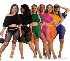 Sexy Sheer Yoga Short Pants Women Designer TrackSuits Summer Pęknięcia Odsłaniane szorty Mesh Dwuczęściowy zestaw sportowy bez paska3129723