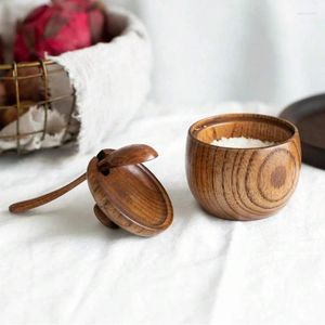 Storage Bottles Retro Wooden Seasoning Jar With Spoon Solid Wood Spice Pot Kitchen Travel Shatterproof Salt Suagar Container Bottle