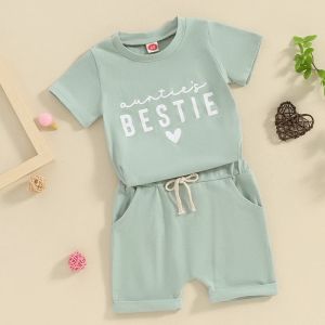 Toddler Baby Boy Girl Summer Clothes Short Sleeve Auntie s Bestie T-shirt Tops Elastic Waist Shorts Set 2Pcs Casual Outfits