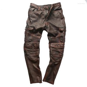 Men's Pants Vintage Motorcycle Biker Men Genuine Cowhide Leather Trousers Pant RidingThick Asian Size 5XL