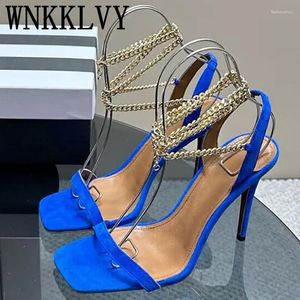 2024 402 Sandaler Kvinnor Square Head Open Toe High Heel Metal Chain Ankle Slim Fit Shoes Women Summer Party Dress Shoe