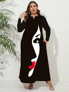 Plus Size Autumn Winter Dress Women Long Black Vneck Loose Elegant Dresses Party Face Print Vintage Beach For 240410