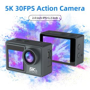 Camera 5K 30FPS Action Camera Dual IPS Screen Waterproof Bike Action Cam HD Outdoor Video Camera 170 Degree Wide Angle WiFi Timed Photo