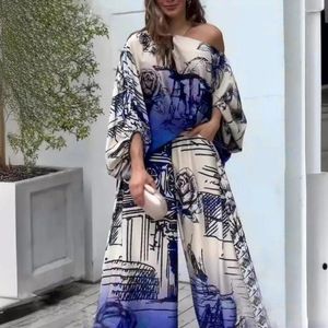 Women's Two Piece Pants Loose Lady Outfit Rose Printed One Shoulder Top Wide Leg Set For Women Vacation Blouse Trousers With Soft Pockets