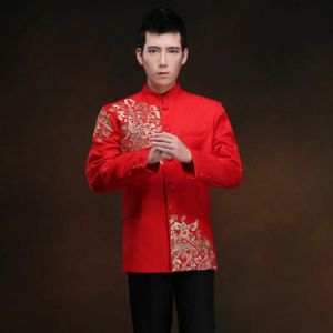 Röda tunika män traditionella kinesiska manliga orientaliska herrkläder shanghai tang cheongsam topp bröllop kinesisk tang kostym för män