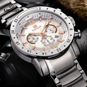 Armbandsur megir varumärke kvartsklockor för män mans affärs vita armbandsur mode tre ögon vattentät lysande klocka man