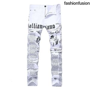 Men Autumn Hip Hop Denim Jeans Classic Spaper Letter Printed Casual Slim Cowboys Trousers Man Young Fashion White