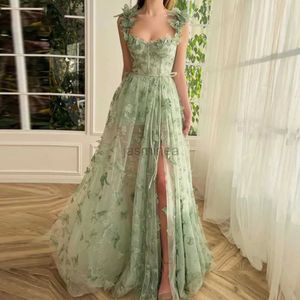 Urban Sexy Dresses Green 3D Lace Butterfiles Sweetheart Prom Dresses 2024 Spaghetti Straps A-Line High Slit Fairy Evening Gowns Robe 24410