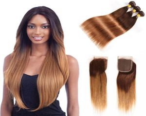 Ombre Malaysian Straight Human Hair Bündel mit 4x4 Spitzenverschluss 430 Blonde Malaysisches menschliches Haar Gewebe 34 Bündel mit Verschluss9657700