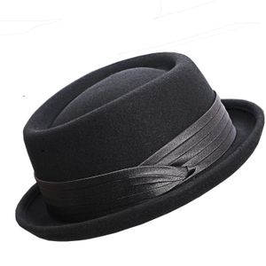 Męskie kobiety Crushable Pork Pie Fedora Hats szerokie Brim 100% wełniane filc wieprzowe Kościół Jazz Ribbon 240410