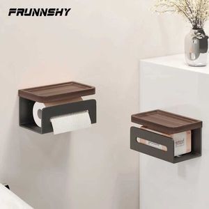 Toilet Paper Holders No Drill Wood Toilet Paper Holder with Phone Rack WallMounted Bathroom Storage Shelf Black Roll Paper Holder 240410