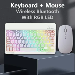 Combos trådlöst tangentbordmus Bluetooth laddningsbara mini Slim Travel -tangentbord med RGB LED för Android iOS Windows PC Laptop Tablet