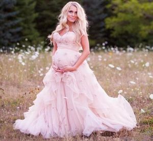 낭만적 인 핑크 출산 웨딩 드레스 2019 새로운 도착 아플리케 스위더 래트 제국 임신 한 주름 오간자 신부 가운 사용자 정의 M4860759