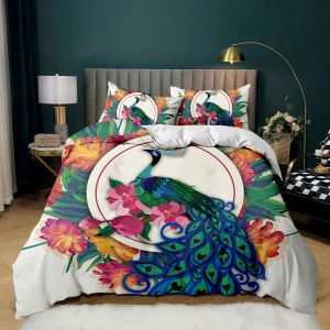 Peacock Duvet Cover Set Elegant Gorgeous Blue Feather Comforter Cover Girls Women Pink Flower Birds Animal Polyester Qulit Cover