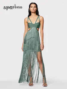 Casual Dresses 2024 Unikt kvinnors tofs bandage klänning spaghetti rem ärmlös smal passande lång kändis cocktail kvällsfest vestido