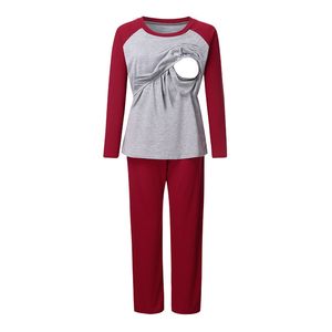 Kadın annelik pijamaları 2pcs set yaz kısa kollu katı hemşirelik t-shirt üstleri+pantolon pijama seti emzirme gece kıyafetleri