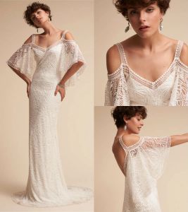 Enkla sexiga bröllopsklänningar Juliet 1/2 ärm Bhldn Mermaid v Sheer Neck Lace Applique Backless Brudklänningar