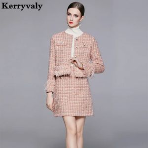 Light Luxury Handmade Beaded Ostrich Hair Coat Women Winter Tweed Small Fragrance Skirt Sets Two Piece Sets Womens Outifits K987 240329