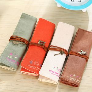 Creative Retro Canvas Pencil Case Roll Leather PU Pencil Bag Storage Pouch For Stationery School Supplies Multi functional Bag