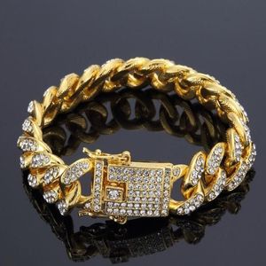 Mens Hip Hop Gold Armelets smycken Simulerade diamant Iced Out Chain Armband Miami Cuban Link Chain Armband238Z