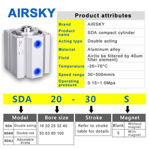 Serie SDA Pneumatica Serie SDA Airtac Compact Air Cilindro ARIL 16 20 25 32 40 50 63 80mm x 5 10 15 20 25 30 35 45 55 60mm Scate