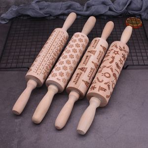 Christmas Wooden Rolling Pin with Pattern Flower Embossing Baking Cookies Biscuit Fondant Cake Kitchen Tool Elk/Tree/Star 35x4.5