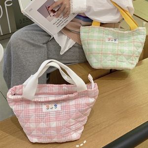 Plaid Lunch Bag Women Thermal Big Capacity Drawstring Lunch Box Tote Food Bags Office Worker Portable Insulated Food Storage Bag 240409