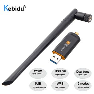 Cards Kebidu 1200MBPS USB 3.0 Adattatore WiFi Ricevitore Dongle WiFi 2,4 GHz/5 GHz Scheda di rete a doppia banda RTL8812 Antenna 5DBI per laptop PC