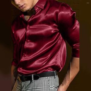 Camisetas de camisetas masculinas Camisa de seda de cetim premium Botão de manga comprida Butão brilhante para casamento e ocasiões especiais