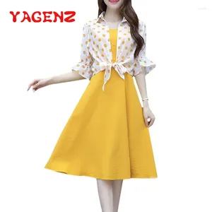 Work Dresses YAGENZ Summer Dress Two Piece Set Women Dot Thin Sunscreen Clothing Trumpet Sleeve Tops And Shoulder Strap 2 730