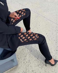 Kvinnor byxor Spring Autumn Skinny Women Byxor Casual High midje Rhinestone Fishnet Patch Glitter Sexig penna Y2K kläder