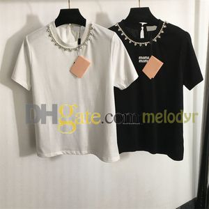 女性デザイナーブラックホワイトTシャツラインストーンクルーネックティートップレディースサマーカジュアルショートスリーブレタープルオーバー