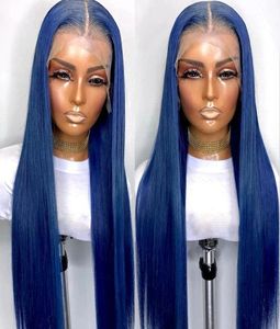 Glueless Dark Blue Color Synthetic Hair Spets Front Wig For Women Slky Straight Heat Resistant Fiber Daily Wigs 180density6489395